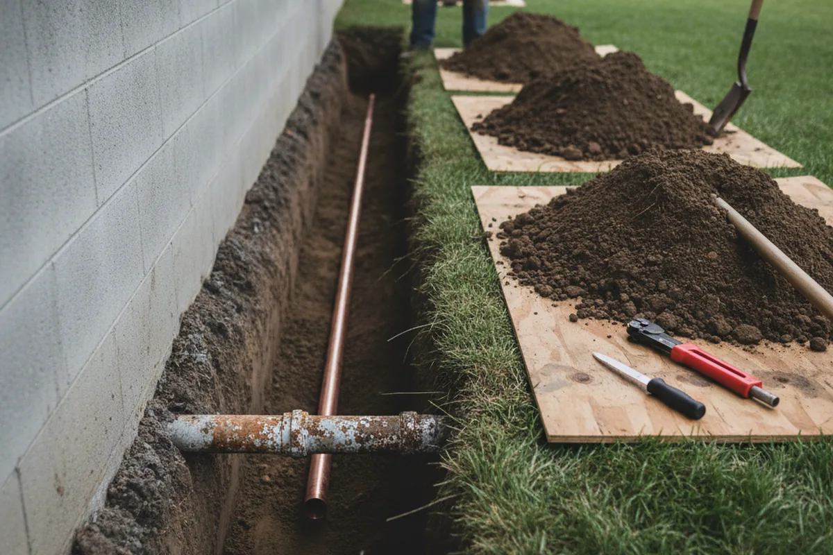 Excavated water line trench during Water Softener Installation in Brookeland